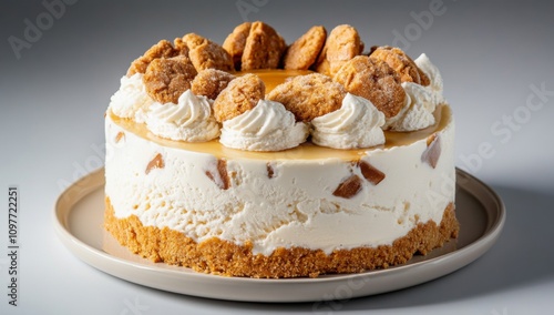 Round Beige and White Ice Cream Cake with Golden Brown Crust, Topped with Large Caramel Toffee Cookies on Creamy Textured Base, Centered on Plate, Gray Background