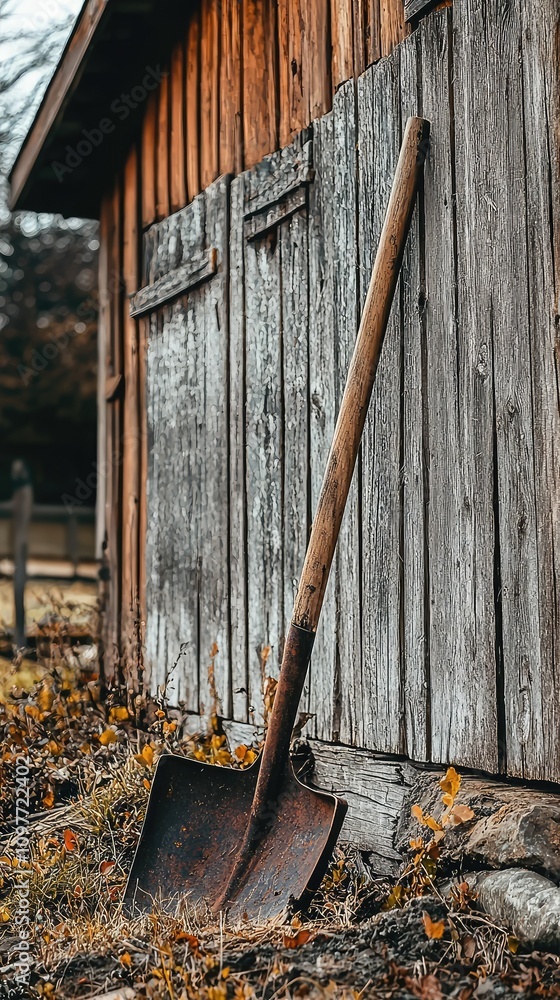 Rustic Wooden Shed with Old Shovel Leaning Against Weathered Plank Walls Surrounded by Dry Grass and Autumn Leaves in a Serene Outdoor Setting Rustic Wooden Shed with Old Shovel Leaning Against Weathered Plank Walls Surrounded by Dry Grass and Autumn Leaves in a Serene Outdoor Setting