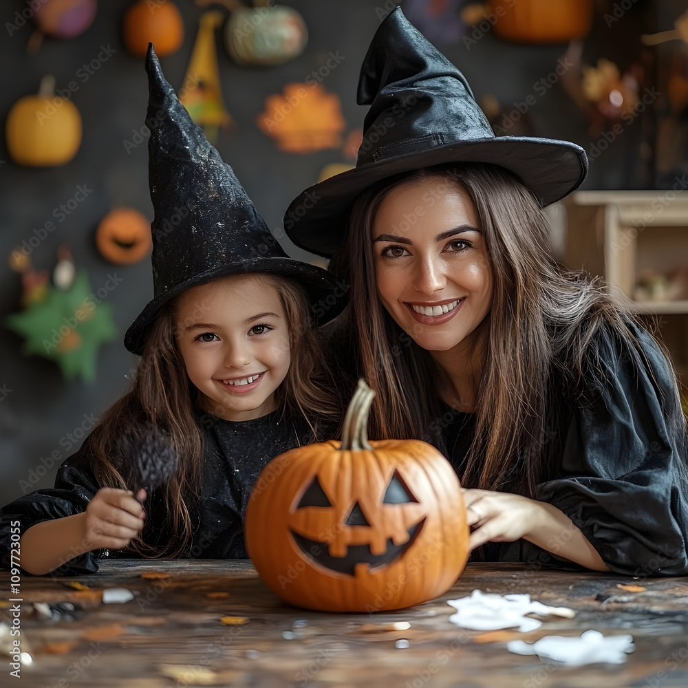Happy Mother and Daughter in Witch Costumes with Jack o Lantern for Halloween Happy Mother and Daughter in Witch Costumes with Jack o Lantern for Halloween