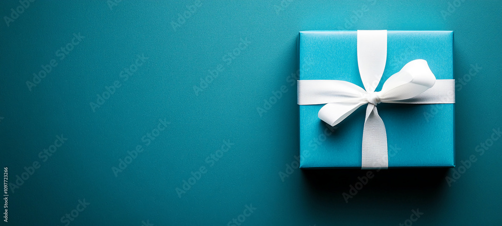 Gift box wrapped in turquoise paper with a white ribbon placed on a blue surface Gift box wrapped in turquoise paper with a white ribbon placed on a blue surface
