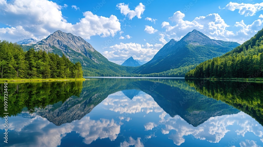 Calm lake with mountain reflections and clear sky Calm lake with mountain reflections and clear sky