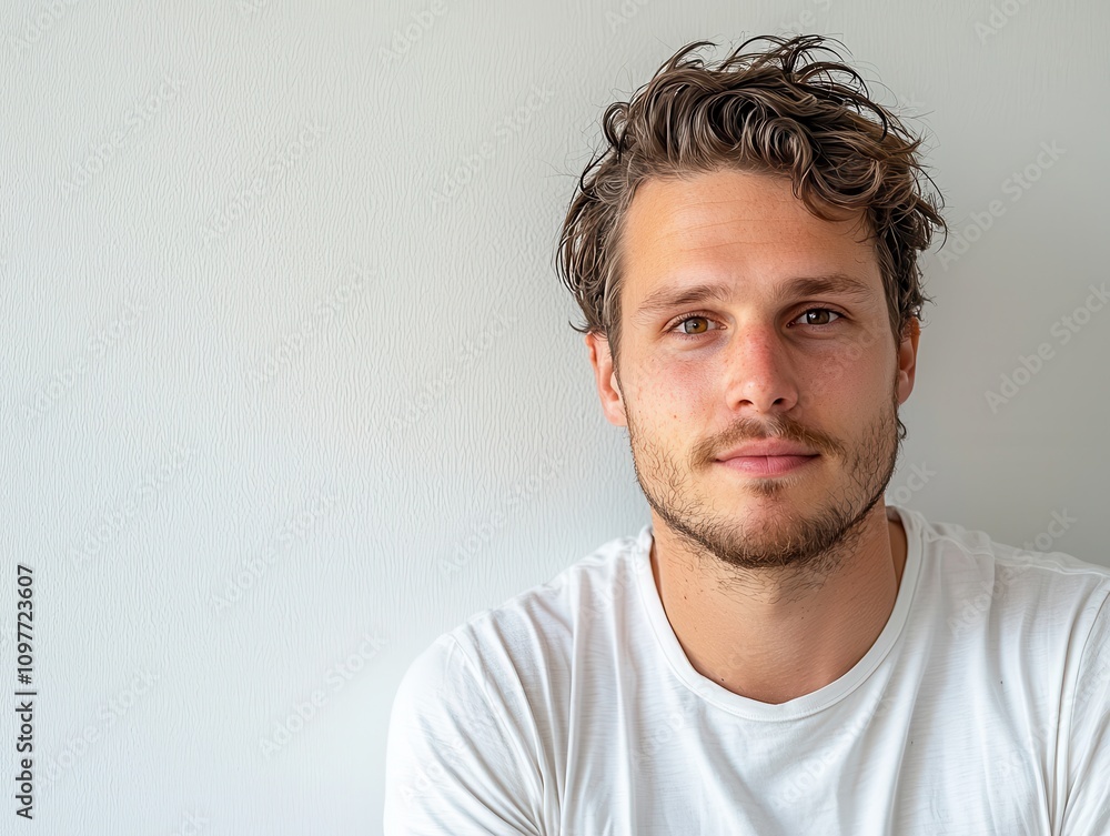 Obraz premium Young man with curly hair smiling against a light background