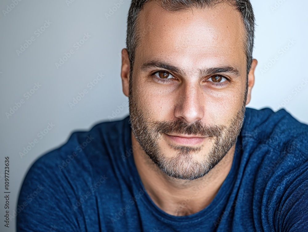Fototapeta premium Smiling man with short hair and beard in casual blue shirt