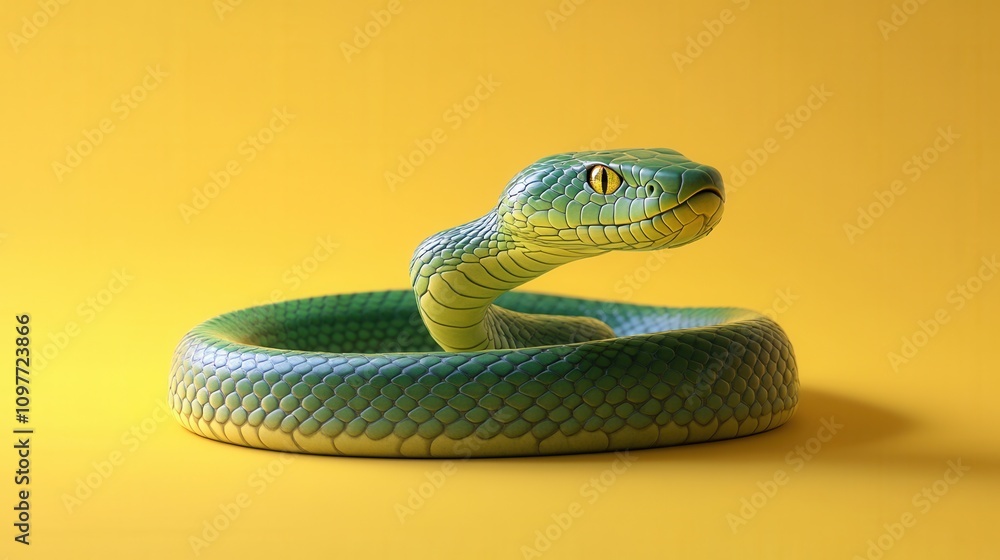 Fototapeta premium Green Snake Coiled on Yellow Background 3D Render Reptile Wildlife Nature
