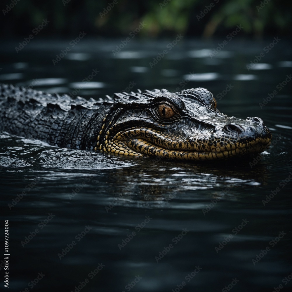 Fototapeta premium A black caiman gliding silently through dark Amazon waters.