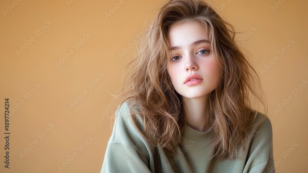 Fototapeta premium Portrait of a Young Woman with Natural Makeup and Soft Hair
