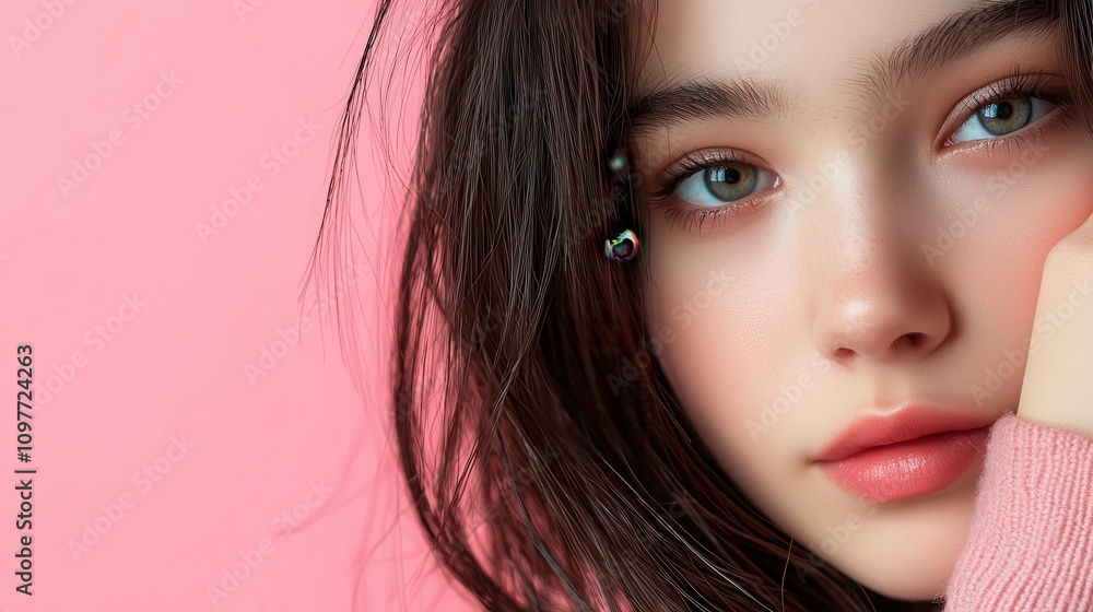 Close-Up Portrait of Young Woman with Soft Skin and Serene Expression Close-Up Portrait of Young Woman with Soft Skin and Serene Expression