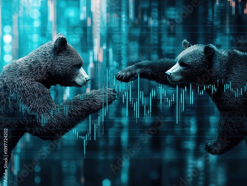 bear into each other is touching a growth graph bar chart on a virtual screen, depicting a business plan, financial market, and stock prices going up