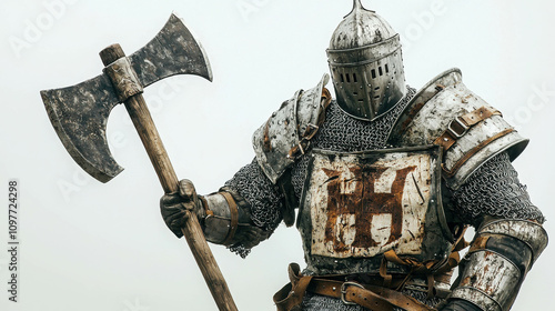 Medieval Knight in Polished Armor Brandishing an Axe in a Foggy Setting photo