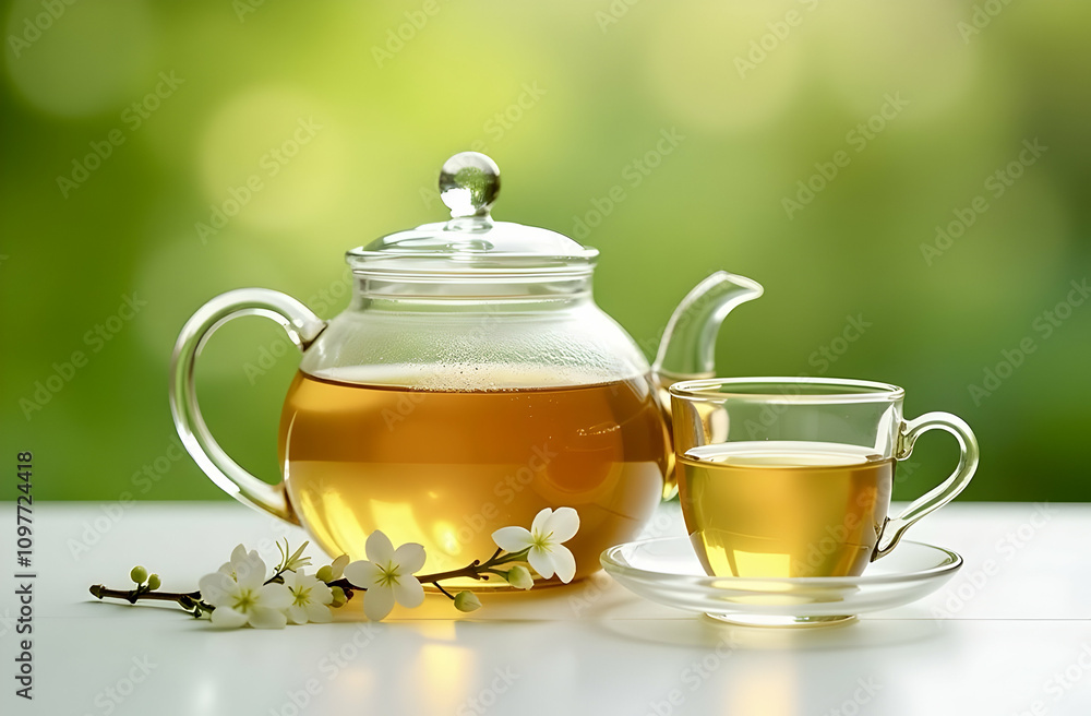 Teapot and a clear glass mug filled with warm herbal tea stand on a white table surrounded by delicate white flowers. Soft sunlight illuminates the scene, creating a serene atmosphere. Copy space. Teapot and a clear glass mug filled with warm herbal tea stand on a white table surrounded by delicate white flowers. Soft sunlight illuminates the scene, creating a serene atmosphere. Copy space.