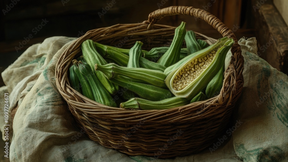 Obraz premium Fresh okra pods in a wicker basket on a rustic cloth