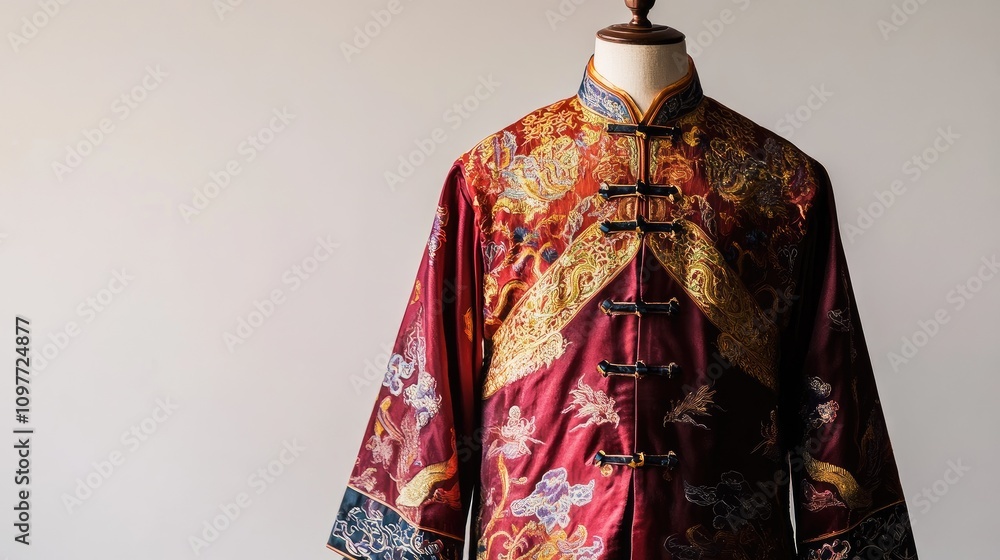 Traditional Chinese Dress Displayed on Mannequin Featuring Rich Colors, Intricate Patterns, and Elegant Embroidery in a Minimalistic Setting Traditional Chinese Dress Displayed on Mannequin Featuring Rich Colors, Intricate Patterns, and Elegant Embroidery in a Minimalistic Setting