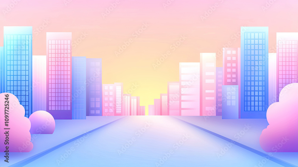 Obraz premium sleek modern cityscape at sunrise featuring tall buildings and pastel colors