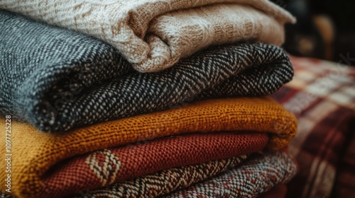 Cozy and Warm Textiles Stacked Neatly in a Pile with Various Patterns and Textures, Perfect for Winter Decor, Blanket Use, or Craft Projects in a Rustic Setting photo