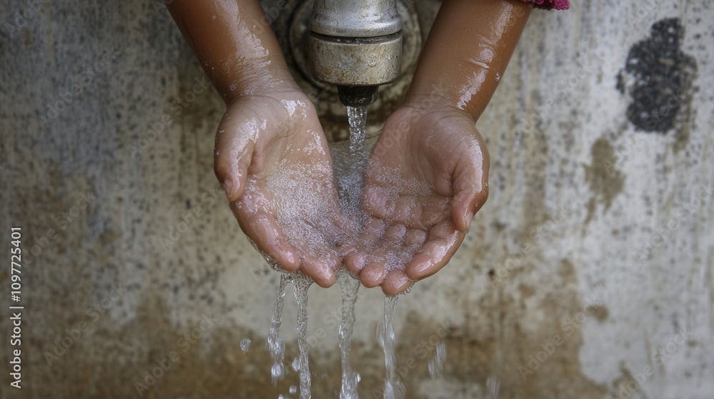 Obraz premium Child s Hands Catching Clean Water from Tap Hygiene Thirst Purity