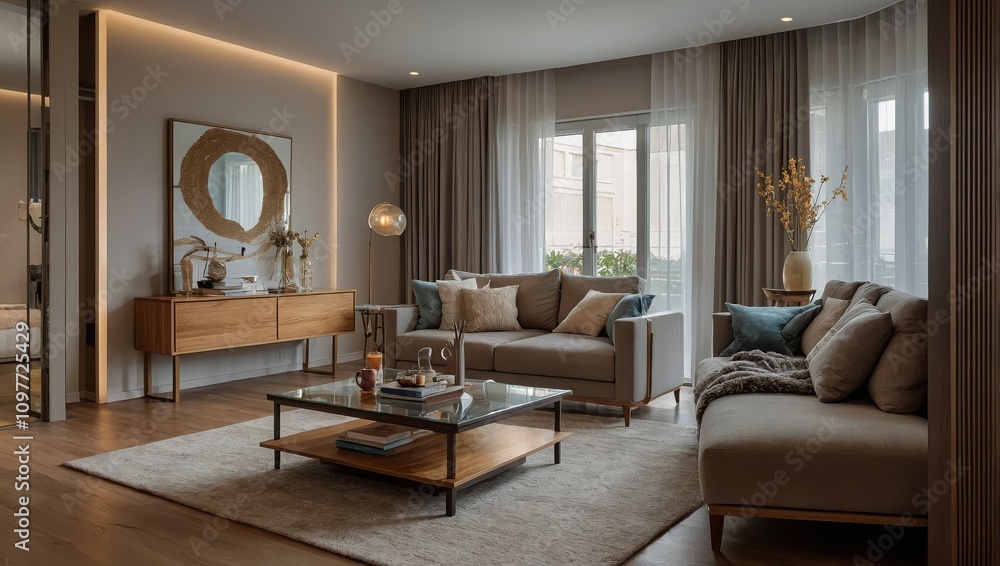 Light living room with folding screen, comfortable sofa, coffee table and chest of drawers Light living room with folding screen, comfortable sofa, coffee table and chest of drawers