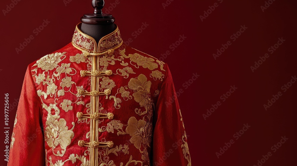 Obraz premium Elegant Red Traditional Garment with Intricate Gold Embroidery on a Mannequin Against a Rich Burgundy Background Perfect for Cultural Celebrations or Fashion Photography