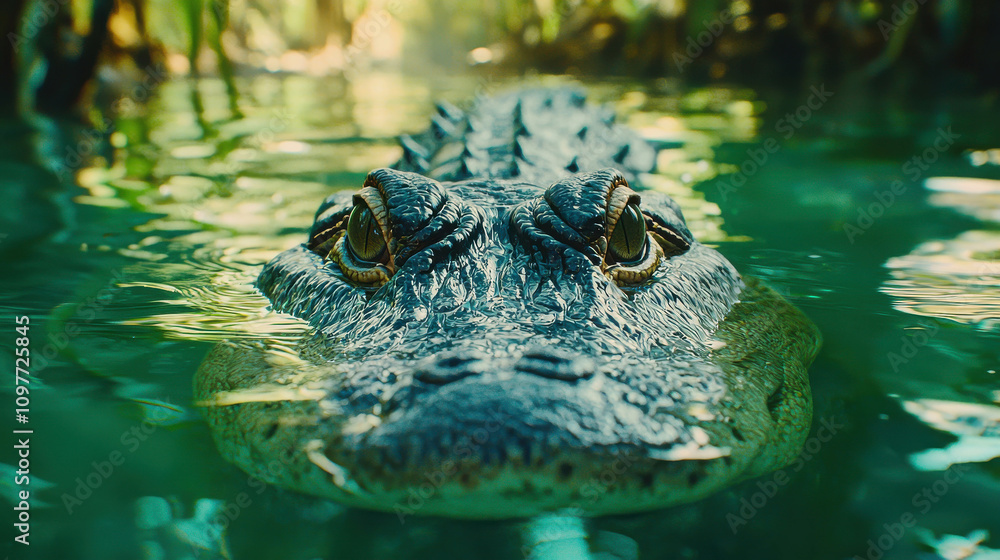 Obraz premium Massive Crocodile Partially Submerged in Deep Water with Lush Green Surroundings