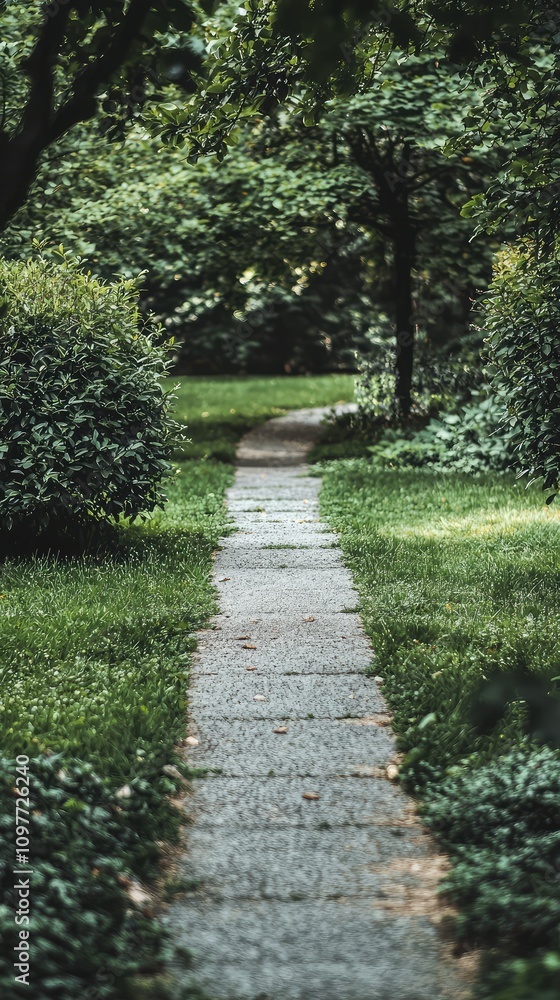Serene Garden Pathway Surrounded by Lush Greenery and Vibrant Foliage Offering a Tranquil Escape to Nature Amidst a Peaceful Landscape Serene Garden Pathway Surrounded by Lush Greenery and Vibrant Foliage Offering a Tranquil Escape to Nature Amidst a Peaceful Landscape