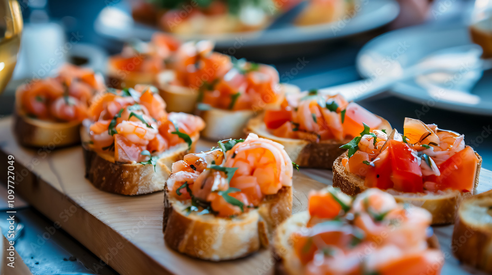 Delicious bruschetta with salmon and shrimp canap�s arranged on a table, ideal for a summer party, representing the catering concept. Delicious bruschetta with salmon and shrimp canap�s arranged on a table, ideal for a summer party, representing the catering concept.
