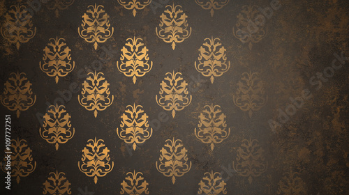 Floral gol decoration on grunge brown vintage textured luxury background. photo