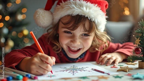 Adorable Child in Santa Hat Making Christmas Decorations photo