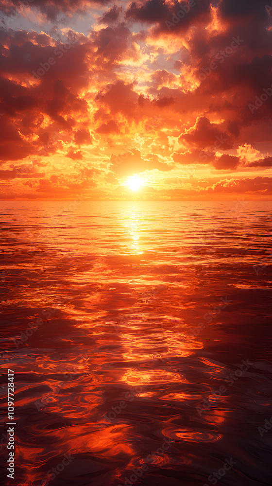 Fototapeta premium Tranquil Sunset Over Ocean with Dramatic Clouds and Vibrant Reflections in Calm Water