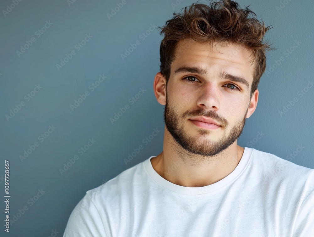Young man with casual style and thoughtful expression against wall Young man with casual style and thoughtful expression against wall