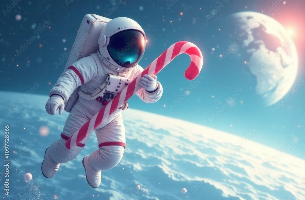 Astronaut floating in space holding a large candy cane, with the Earth and stars visible in the background. A whimsical and festive blend of holiday Astronaut floating in space holding a large candy cane, with the Earth and stars visible in the background. A whimsical and festive blend of holiday