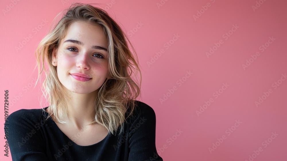 Young woman with wavy hair smiling against a soft pink background Young woman with wavy hair smiling against a soft pink background