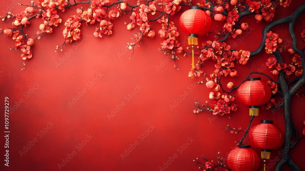 Red lanterns and red flowers create a vibrant scene, ideal for Chinese New Year, festive events, or cultural themed designs Red lanterns and red flowers create a vibrant scene, ideal for Chinese New Year, festive events, or cultural themed designs