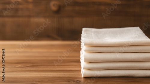 A stack of white towels on a wooden table