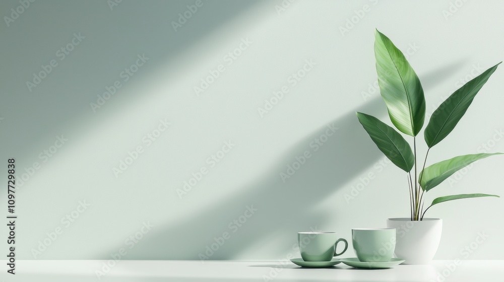 A white wall with a green plant and two white cups on a table A white wall with a green plant and two white cups on a table