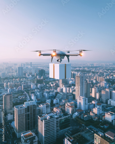 Delivery drone hovering over modern cityscape futuristic urban environment aerial view fast logistics concept