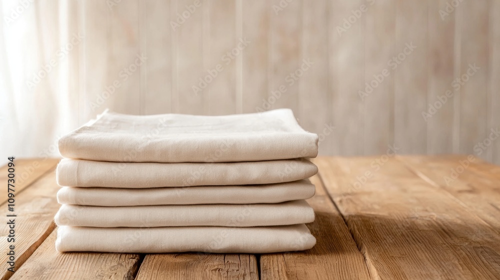 A stack of white towels on a wooden table A stack of white towels on a wooden table