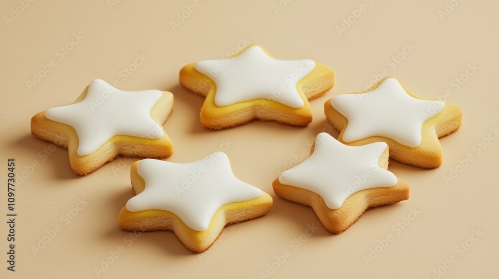 Four white and yellow star shaped cookies with white icing Four white and yellow star shaped cookies with white icing
