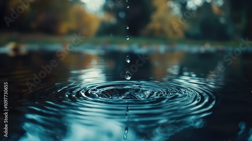 Close-Up View of Water Droplets Falling into a Tranquil Pond Creating Ripples Surrounded by Lush Greenery and Vibrant Autumn Colors in the Background photo