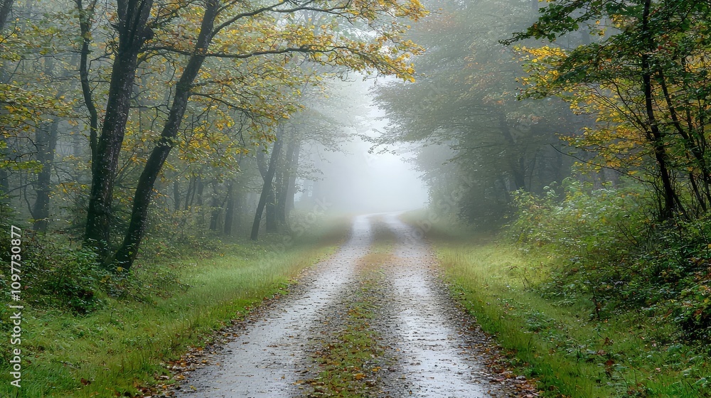 Obraz premium Serene Misty Pathway Through Lush Green Forest in Early Autumn with Soft Fog and Splashes of Color from Changing Leaves