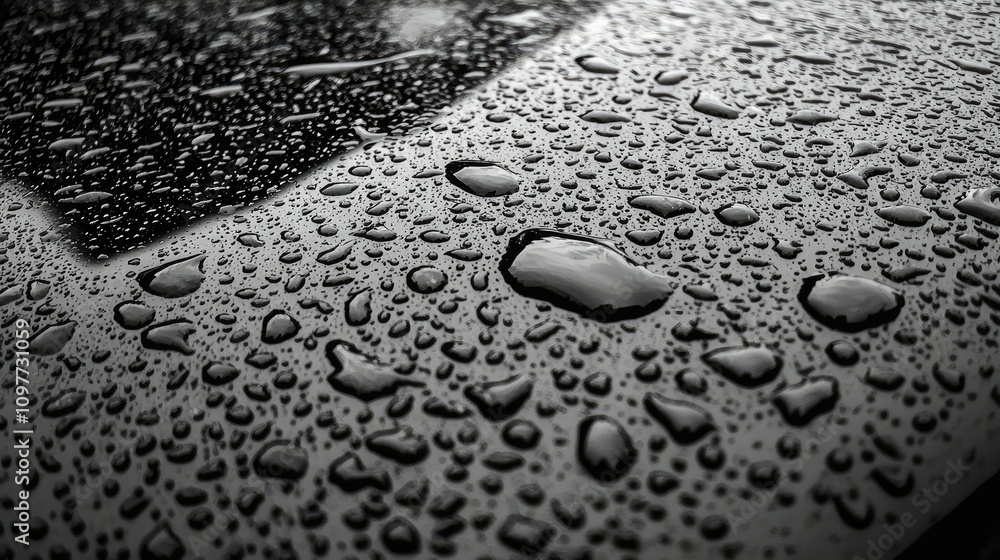 Close-Up View of Water Droplets on a Black Surface Showcasing Reflection and Texture, Highlighting the Beauty of Nature and Weather Elements Close-Up View of Water Droplets on a Black Surface Showcasing Reflection and Texture, Highlighting the Beauty of Nature and Weather Elements
