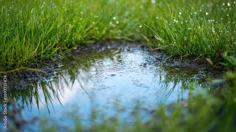 Early Morning Dew on Grass with Reflections in a Calm Puddle Surrounded by Lush Greenery, Capturing Nature's Serenity and Beauty in a Captivating Landscape Early Morning Dew on Grass with Reflections in a Calm Puddle Surrounded by Lush Greenery, Capturing Nature's Serenity and Beauty in a Captivating Landscape