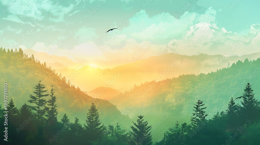 Mountainside forest and flying wild bird over sky Mountainside forest and flying wild bird over sky