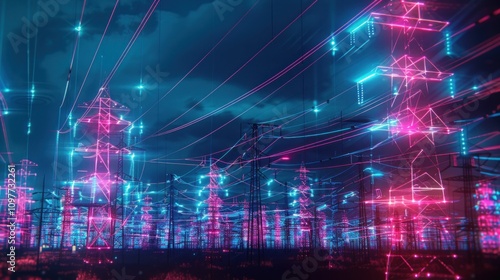 Wallpaper Mural futuristic power grid, neon lights, digital energy landscape, electric towers in vibrant colors, stunning visual effect, modern technology concept, abstract energy transmission Torontodigital.ca