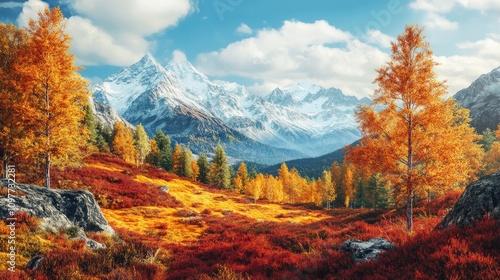 Stunning autumn landscape with vibrant orange trees and majestic snow-capped mountains in the background.