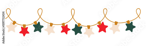 Christmas lights garland with colored star bulbs. Xmas festive string decoration with hanging retro ball. Glowing string with lamps for holiday cards, banners, posters, web. Vector illustration.