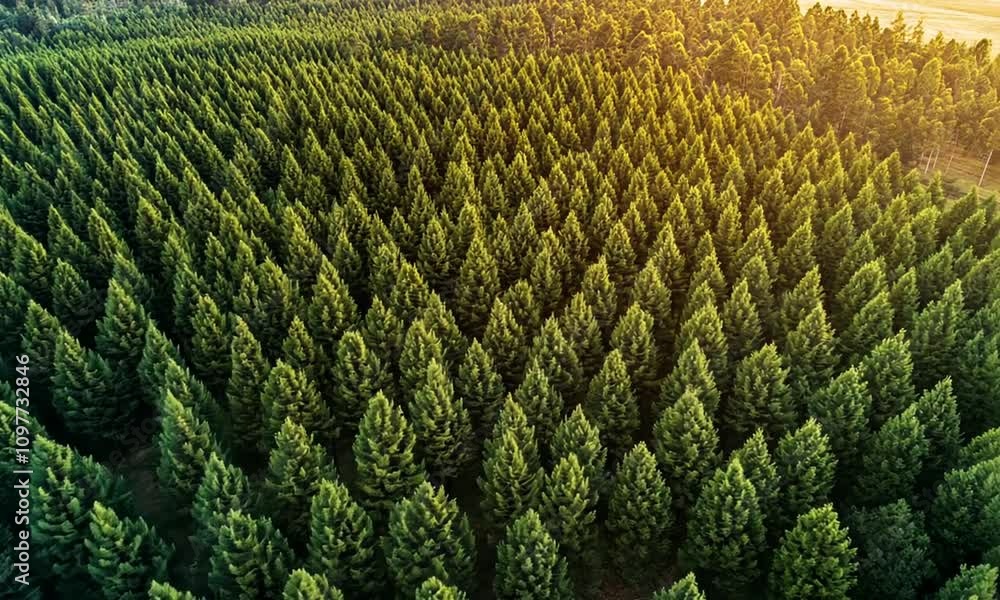 Lush Green Coniferous Forest Aerial View Showcasing Dense Evergreen Trees Against a Backdrop of Golden Sunrise and Clear Blue Sky in Nature's Beauty Lush Green Coniferous Forest Aerial View Showcasing Dense Evergreen Trees Against a Backdrop of Golden Sunrise and Clear Blue Sky in Nature's Beauty