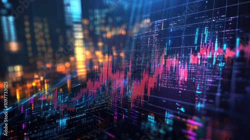 Abstract digital data visualization with vibrant colors representing financial market trends.