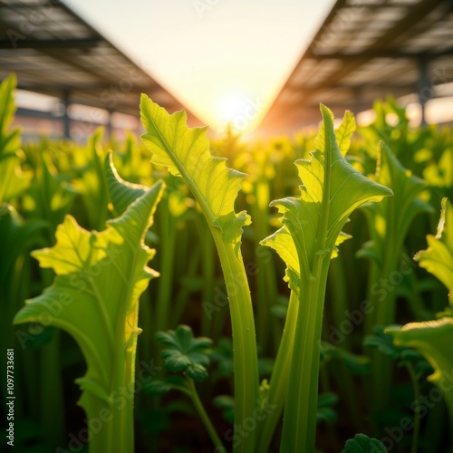 Green Energy Harvest. Rows of thriving plants in a greenhouse with solar panels in the background, bathed in warm sunlight. photo