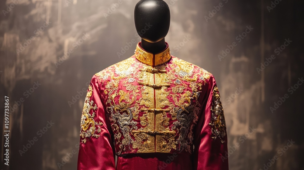 Obraz premium Elegant Traditional Chinese Attire with Intricate Embroidery Displayed on a Mannequin, Capturing the Rich Cultural Heritage and Artistry of Ancient Costumes