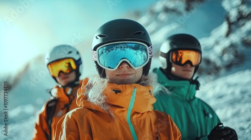 Dynamic Ski Adventure Poster: Capture the Thrill with Three Skiers in Vibrant Outfits Against a Snowy Mountain Backdrop and Crisp Blue Sky for an Inspiring Sports Interior