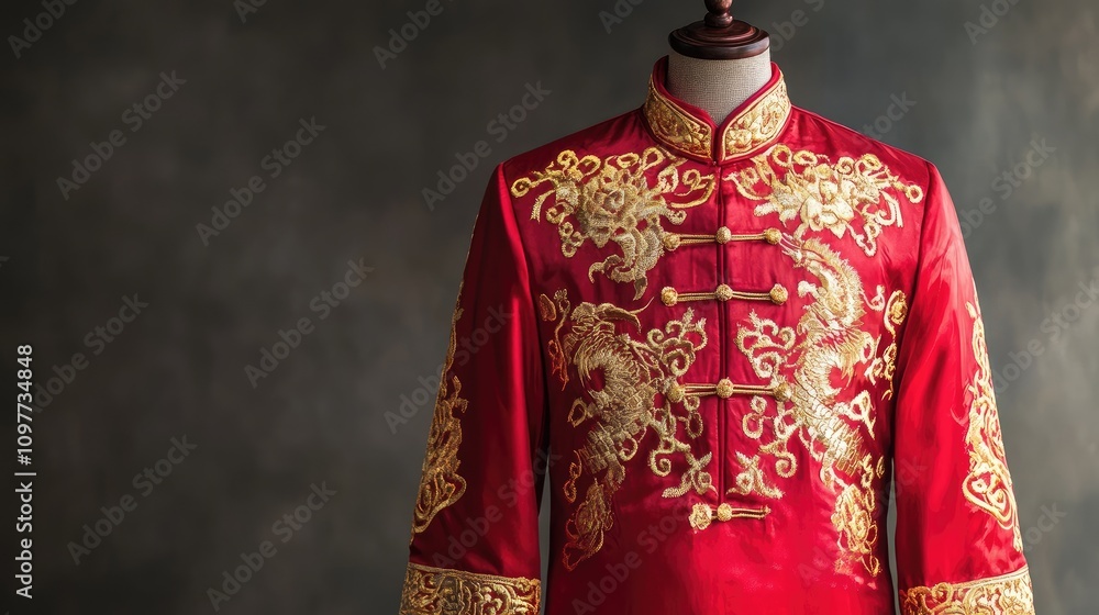 Elegant Red Silk Traditional Attire with Intricate Gold Embroidery Displayed on a Mannequin against a Softly Lit Background in a Studio Setting Elegant Red Silk Traditional Attire with Intricate Gold Embroidery Displayed on a Mannequin against a Softly Lit Background in a Studio Setting
